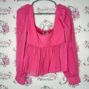 Wayf top long sleeve pink plaid print puff shoulders cute with button cuffs BNWT